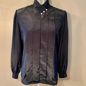 Vintage Blouse Size 8 Susan Hutton Black Satin White Buttons Long Sleeve Classy